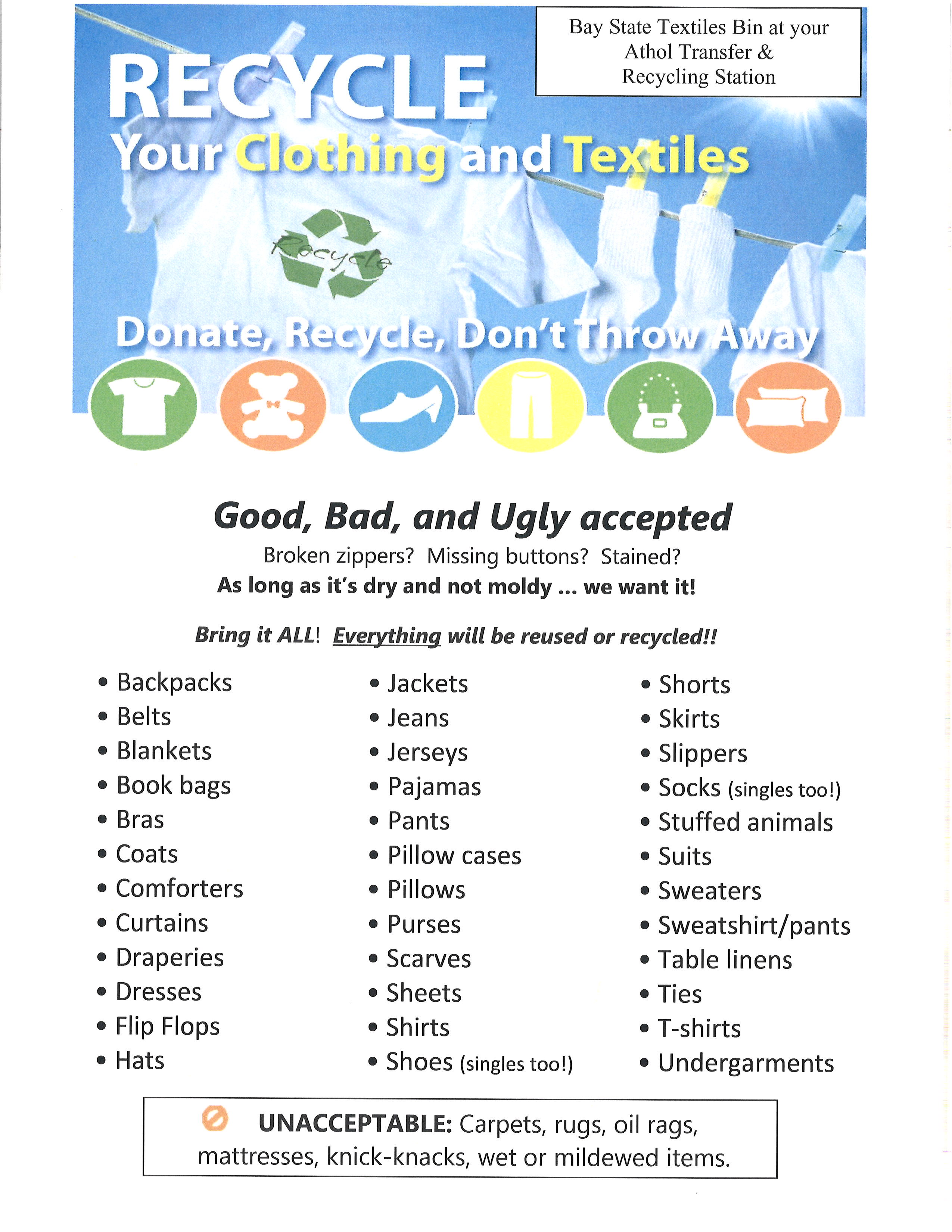 List of acceptable items for recycling your clothes and textiles