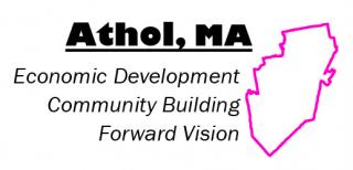 Drawing of logo with words"Economic Development Community Building Forward Vision" with drawing of outline of Athol