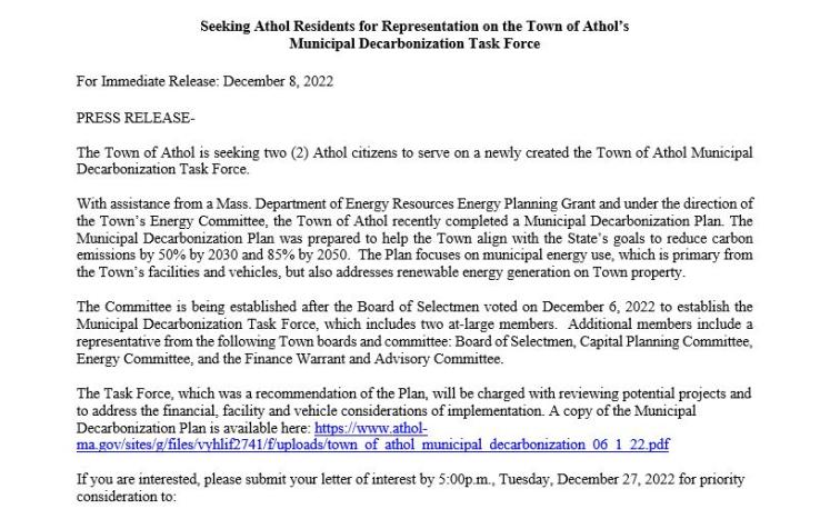 Press Release - Seeking Athol Residents for Representation on the Town of Athol’s Municipal Decarbonization Task Force